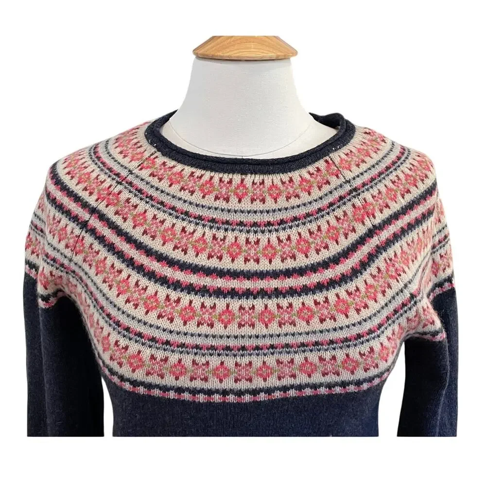 Tabitha Webb Lambswool Blend Navy Fair Isle Long Sleeve Sweater, Nordic, Size S